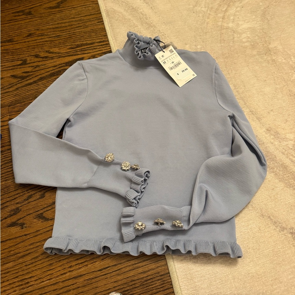 NEW ZARA HIGH COLLAR KNIT BANDAGE GEM BUTTON SWEATER